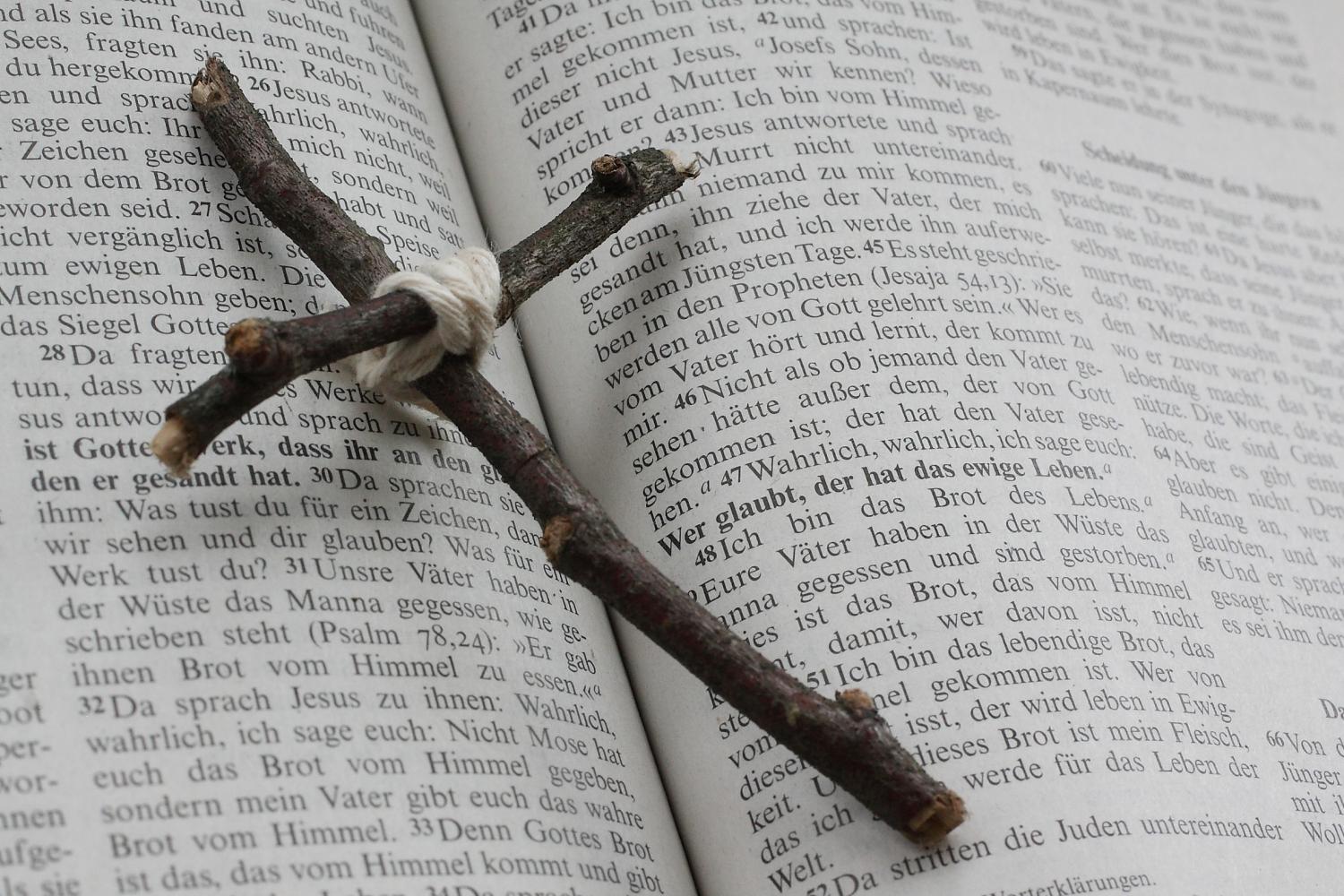 Kreuz aus kleinen Zweigen auf Bibeltext