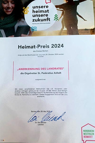Urkunde Heimat-Preis Kreis Borken 2024