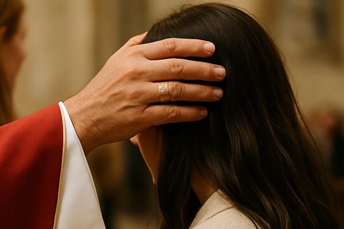 Bischof firmt eine Jugendliche