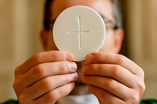 Priester hält eine Hostie während des Gottesdienstes hoch