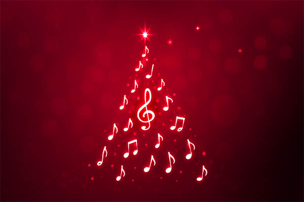 Noten in Form eines Tannenbaums auf rotem Hintergrund