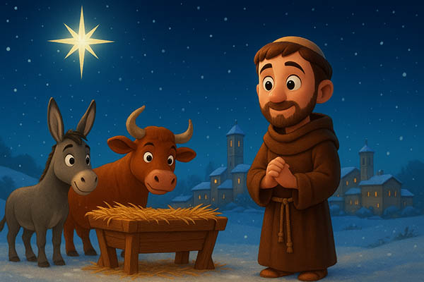 Grafik: der Hl. Franziskus an einer Futterkrippe, Ochs und Esel neben der Krippe, im Hintergrund eine Winterlandschaft