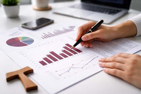 Diagramme und Schaubilder auf einem Schreibtisch, Taukreuz aus Holz am linken Bildrand