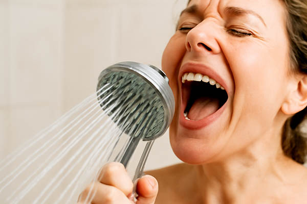 Frau singt unter der Dusche und hält den Duschkopf wie ein Mikrofon